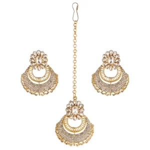 Generic Women’s Rose Gold Plated Alloy Kundan Earrings & Mangtikka (White)