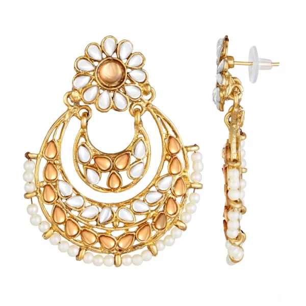 Generic Women's Rose Gold Plated Alloy Kundan Earrings & Mangtikka (White & Gold)