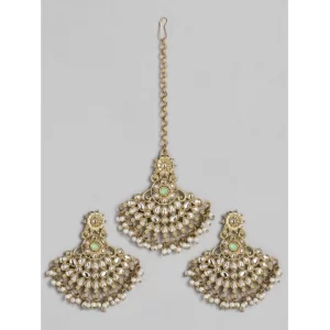 Women’s Rose Gold Plated Alloy Kundan Earrings & Mangtikka (White)
