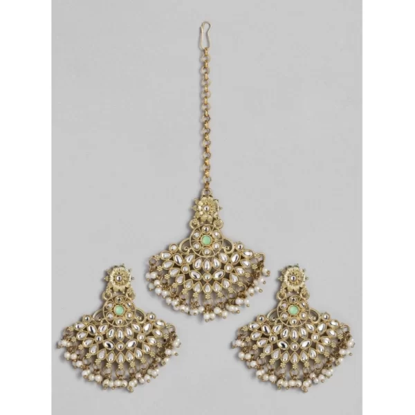 Generic Women's Rose Gold Plated Alloy Kundan Earrings & Mangtikka (White)