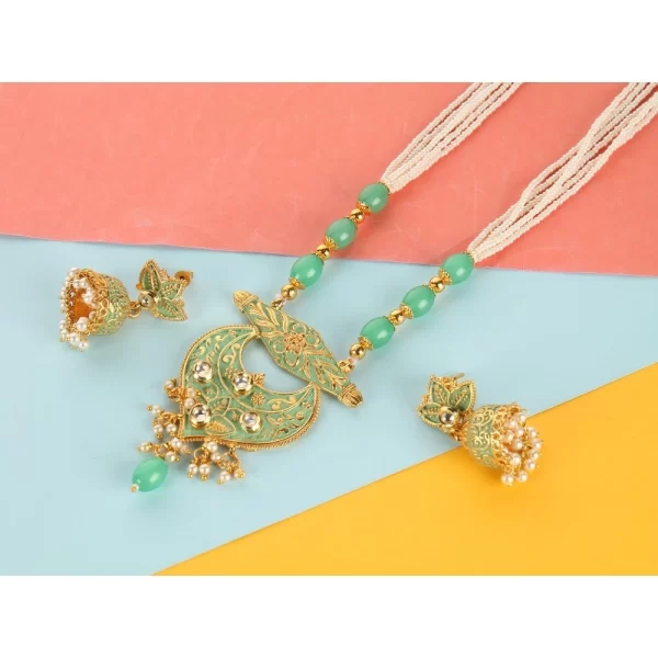 Generic Women's Rose Gold Plated Alloy Necklace & Earings Set (Green)