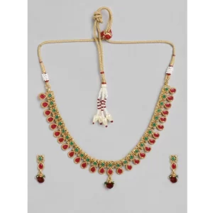 Generic Women’s Rose Gold Plated Alloy Necklace & Earings Set (Green & Red)