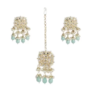 Generic Women’s Rose Gold Plated Alloy Kundan Earrings & Mangtikka (White)