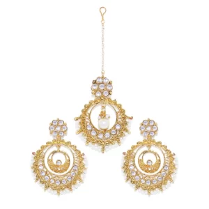 Generic Women’s Rose Gold Plated Alloy Kundan Earrings & Mangtikka (White)