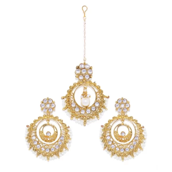 Generic Women's Rose Gold Plated Alloy Kundan Earrings & Mangtikka (White)