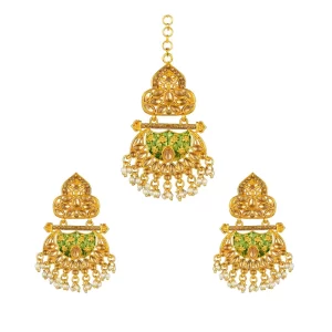 Generic Women’s Rose Gold Plated Alloy Kundan Earrings & Mangtikka (Green)