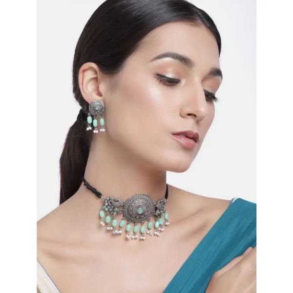 Generic Women's Rose Gold Plated Alloy Necklace & Earings Set (Light Green)