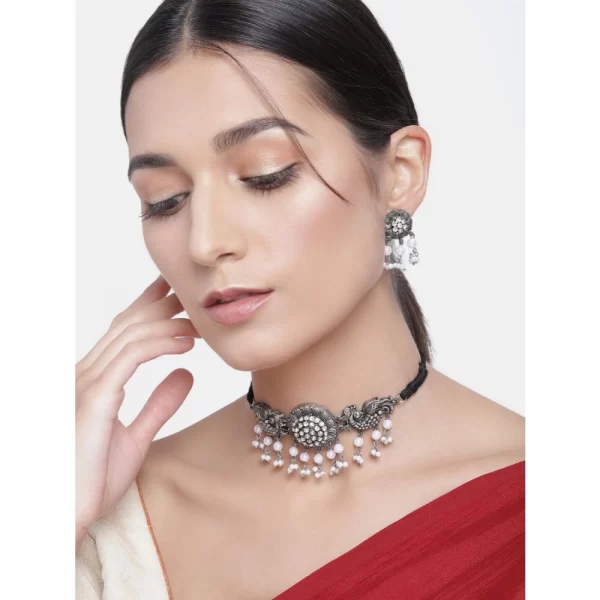Women's Rose Gold Plated Alloy Necklace & Earings Set (Silver & White)