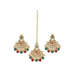 Generic Women’s Rose Gold Plated Alloy Kundan Earrings & Mangtikka (Red & Green)