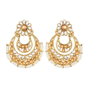 Generic Women’s Rose Gold Plated Alloy Kundan Earrings & Mangtikka (White & Gold)