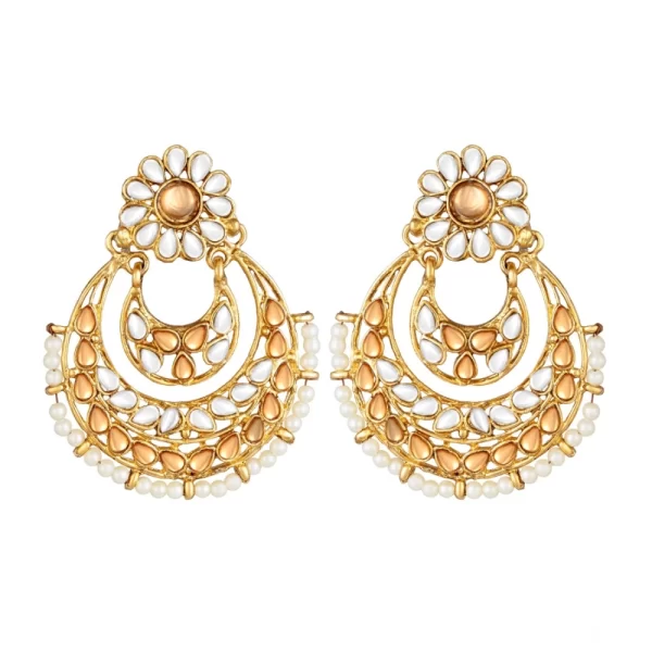 Generic Women's Rose Gold Plated Alloy Kundan Earrings & Mangtikka (White & Gold)