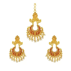 Generic Women’s Rose Gold Plated Alloy Kundan Earrings & Mangtikka (Maroon)