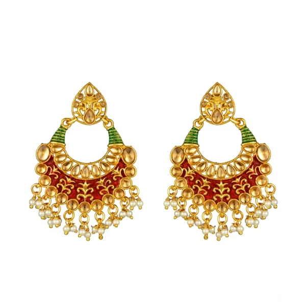 Women's Rose Gold Plated Alloy Kundan Earrings & Mangtikka (Red & Green)