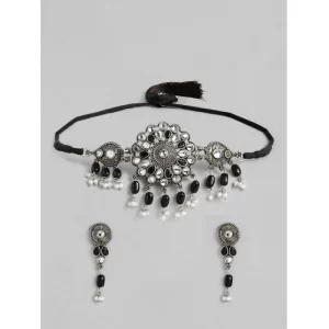 Generic Women’s Rose Gold Plated Alloy Necklace & Earings Set (Black)
