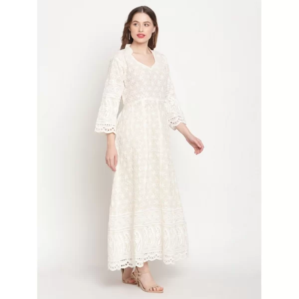 Women's Casual 3/4th Sleeve Embroidered Cotton Kurti (White)