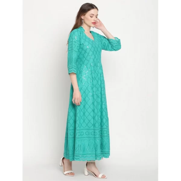 Women's Casual 3/4th Sleeve Embroidered Cotton Kurti (Blue)