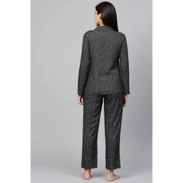 Women's Casual Full Sleeves Polka Dot Printed Rayon Shirt With Pyjama Pant Night Suit Set (Grey)
