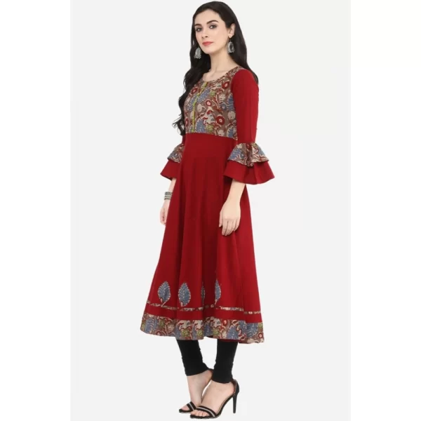 Women's Casual Bell Sleeves Printed Cotton Kurti (Maroon)