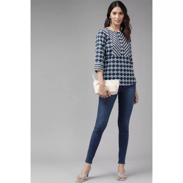 Women's Casual 3/4 th Sleeve Floral Printed Cotton Top (Blue)