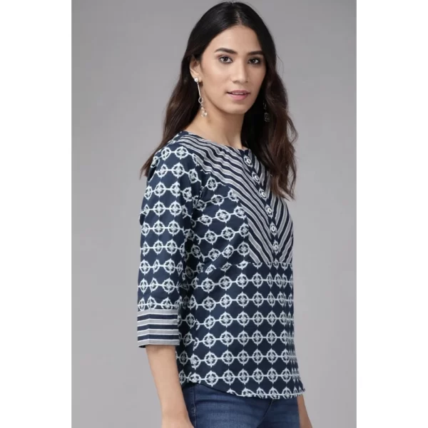 Women's Casual 3/4 th Sleeve Floral Printed Cotton Top (Blue)
