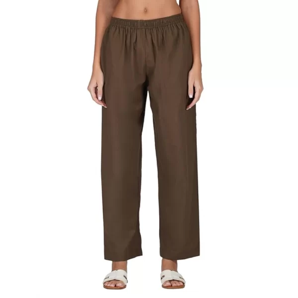 Women's Casual Cotton Cambric Solid Elastic Palazzo Trousers (Brown)
