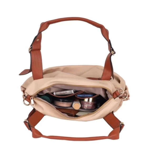 Women's Faux Leather Solid Tote Bag (Beige)