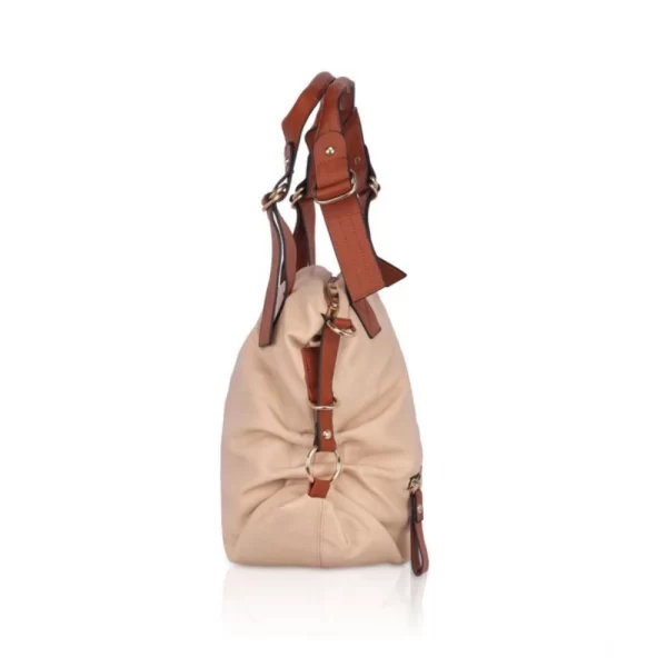 Women's Faux Leather Solid Tote Bag (Beige)