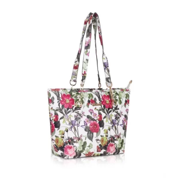 Women's Faux Leather Printed Tote Bag (White Pink)