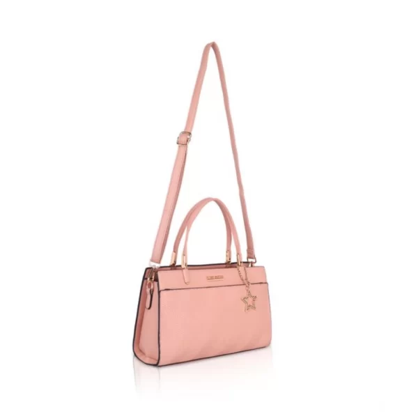 Women's Faux Leather Textured Adjustable Long Belt Handbag (Pink)