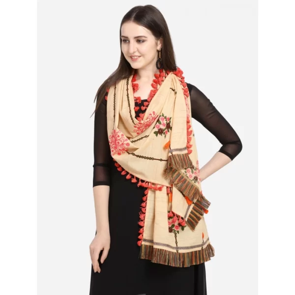 Women's Cotton Embroidered Dupatta (Beige, Length: 1.5 to 2 Mtr)