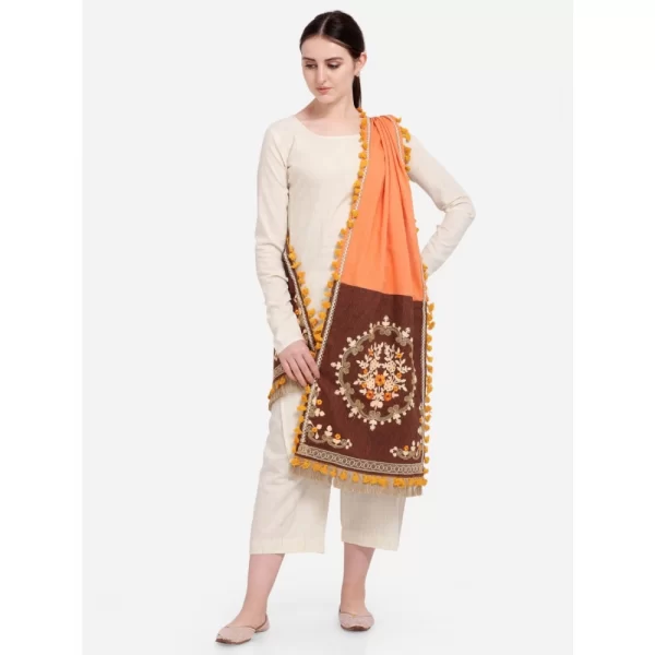 Women's Cotton Embroidered Dupatta (Peach, Length: 1.5 to 2 Mtr)