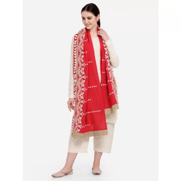 Women's Cotton Embroidered Dupatta (Red, Length: 1.5 to 2 Mtr)