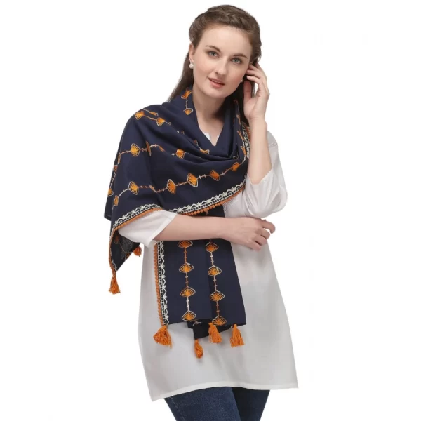 Women's Cotton Opaque Stole (Navy Blue , Length: 1.5 to 2 Mtr)