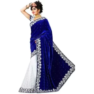 Women’s Velvet Embroidered Saree With Unstitched Blouse (Blue, 5.5 Mtr)