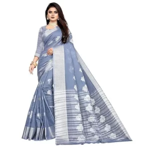 Women’s Cotton Silk Floral Saree With Unstitched Blouse (Grey, 5.5 Mtr)