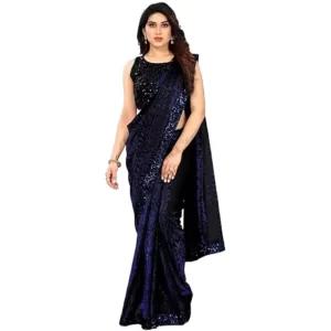 Women’s Lycra Floral Saree With Unstitched Blouse (Blue, 5.5 Mtr)