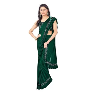 Women’s Lycra Solid Saree With Unstitched Blouse (Green, 5.5 Mtr)
