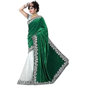 Women’s Velvet Embroidered Saree With Unstitched Blouse (Green, 5.5 Mtr)