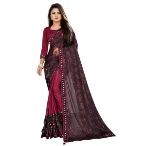 Women’s Lycra Solid Saree With Unstitched Blouse (Maroon, 5.5 Mtr)