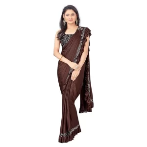 Women’s Lycra Solid Saree With Unstitched Blouse (Brown, 5.5 Mtr)