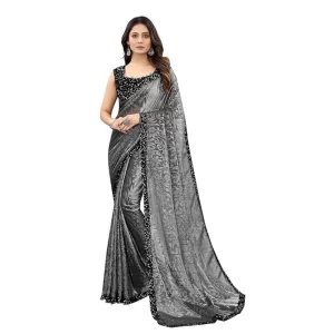 Women’s Lycra Floral Saree With Unstitched Blouse (Grey, 5.5 Mtr)