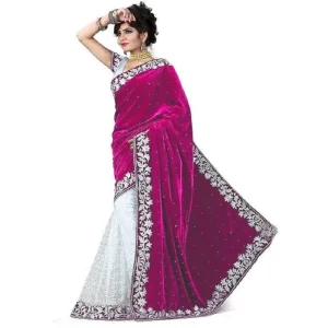 Women’s Velvet Embroidered Saree With Unstitched Blouse (Pink, 5.5 Mtr)