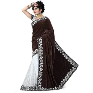 Women’s Velvet Embroidered Saree With Unstitched Blouse (Brown, 5.5 Mtr)