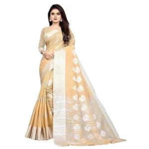 Women’s Cotton Silk Floral Saree With Unstitched Blouse (Beige, 5.5 Mtr)