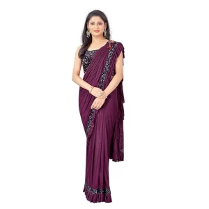 Women’s Lycra Solid Saree With Unstitched Blouse (Wine, 5.5 Mtr)
