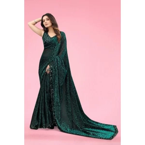 Women's Lycra Floral Saree With Unstitched Blouse (Green, 5.5 Mtr)