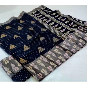 Women’s Cotton Silk Printed Saree With Unstitched Blouse (Black, 5-5 Mtrs)