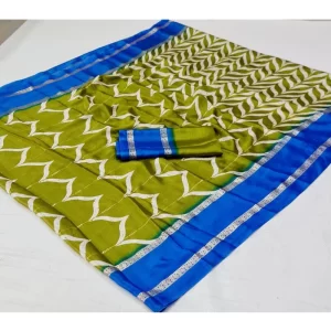 Women’s Cotton Printed Saree With Unstitched Blouse (Light-Green, 5-5 Mtrs)