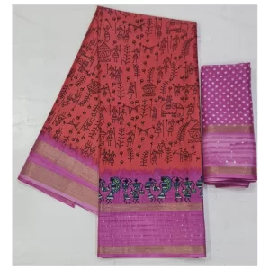 Women’s Cotton Printed Saree With Unstitched Blouse (Peach, 5-5 Mtrs)