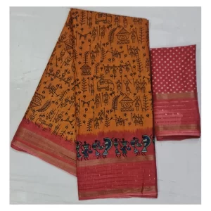 Women’s Cotton Printed Saree With Unstitched Blouse (Orange, 5-5 Mtrs)